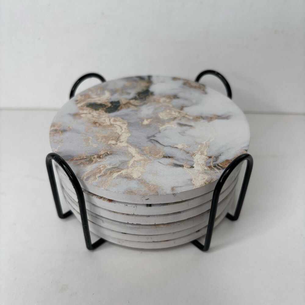 6pc Round Marbled Ceramic Cork-Back Coaster Set w/ Holder Rack, 4.1in